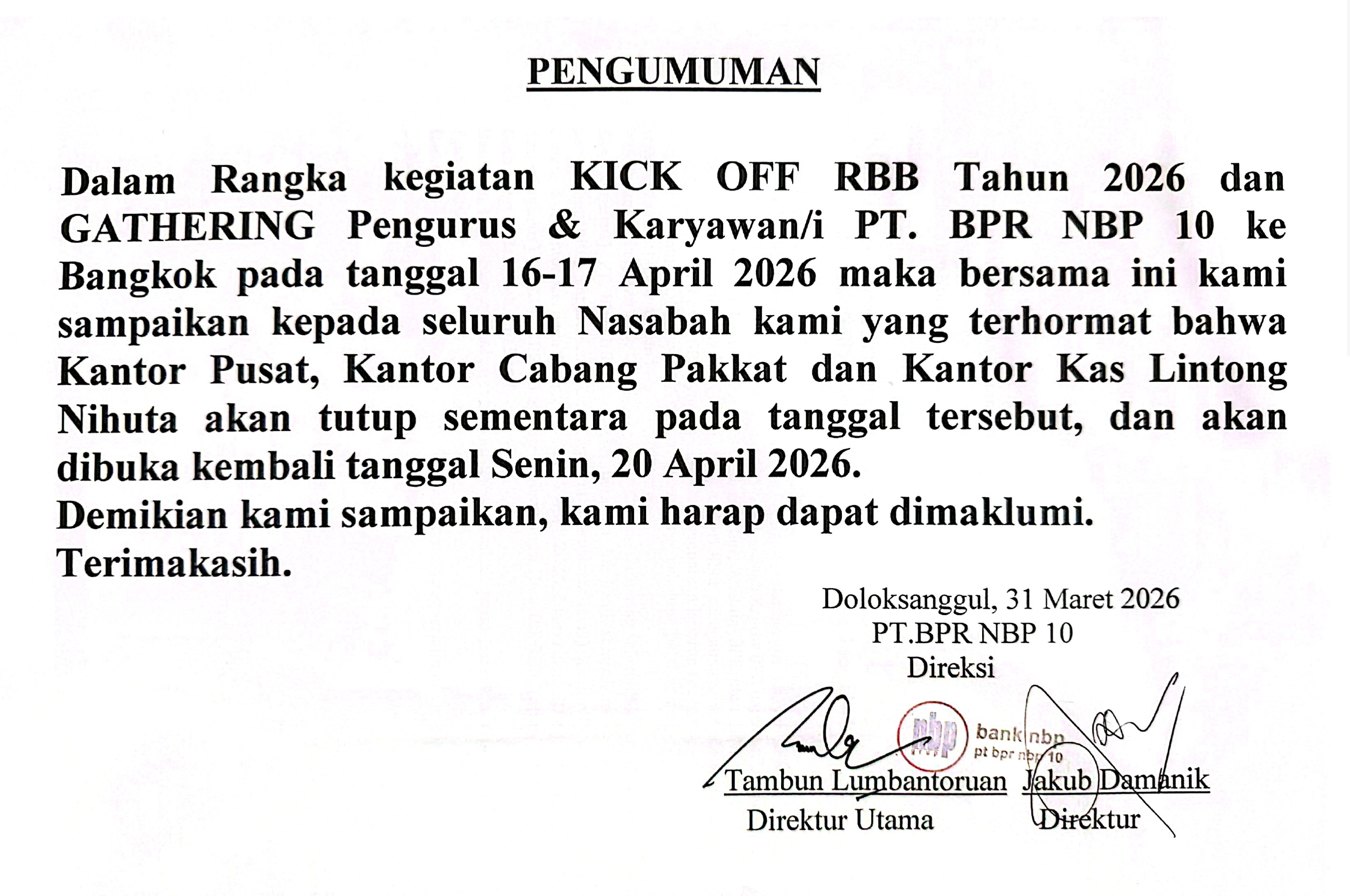 Pengumuman Kick Off RBB dan Gathering Pengurus & Karyawan/i PT BPR NBP 10