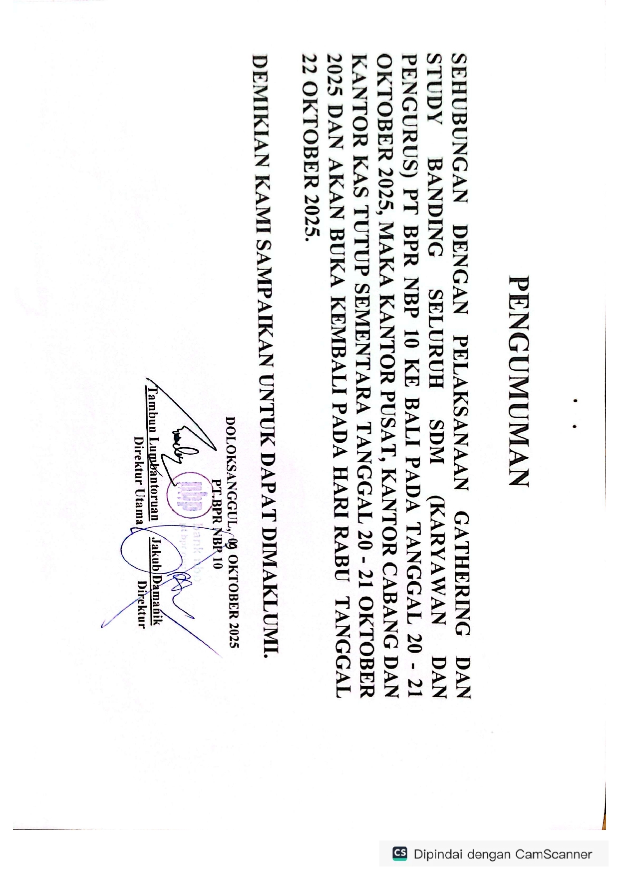 Pengumuman Libur Pelaksanaan Gathering dan Studi Banding Seluruh SDM PT BPR NBP 10